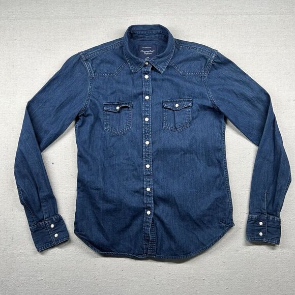 American Eagle Western Shirt Womens S Pearl Snap Chambray Denim‎ Country Rodeo - Picture 1 of 11